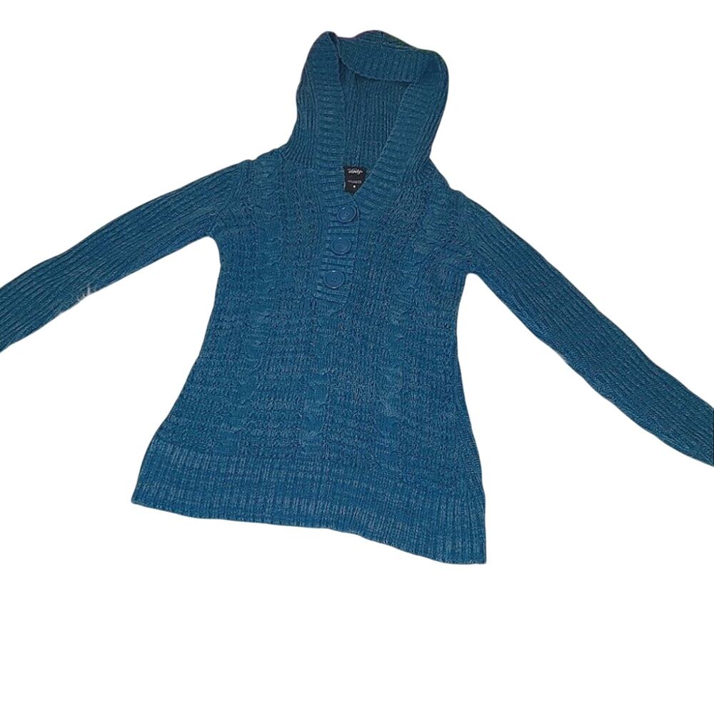 Vanity Size Small Blue Knit Sweater Button Long Sleeve Hooded Winter Warm Cozy